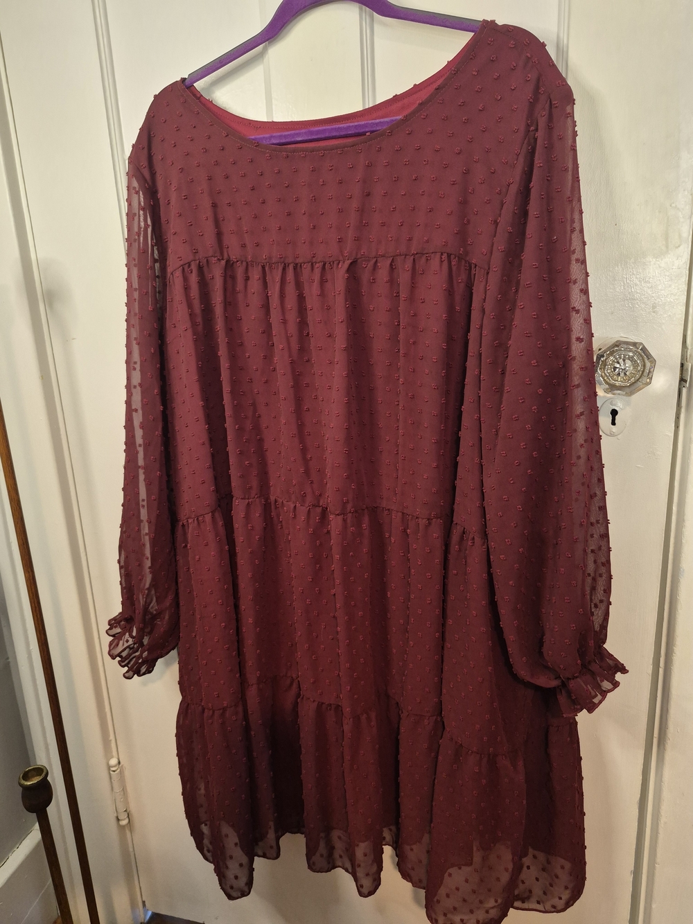 SHEIN Burgundy Swiss Dot Tiered Long Sleeve Dress